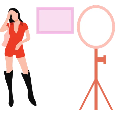 Fashion girl is posing in front of ring light  Illustration