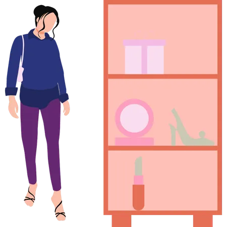 The Girl Is Standing By The Shelf Illustration