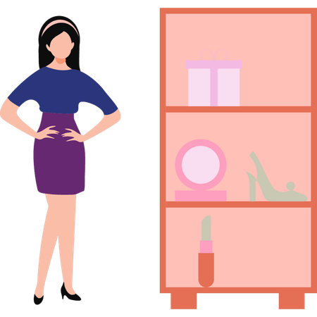 Fashion girl is standing next to the shelf  Illustration