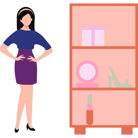 Fashion girl is standing next to the shelf  Illustration