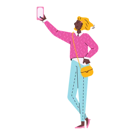 Fashion girl or young woman character making selfie picture using mobile phone Illustration
