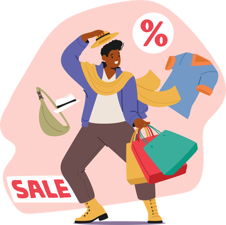 Fashion guy crazy shopaholic  feeling excited due to sales opportunity for shopping  Illustration