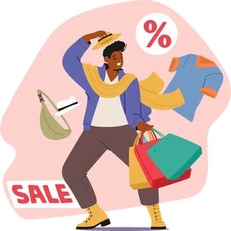 Fashion guy crazy shopaholic  feeling excited due to sales opportunity for shopping  Illustration