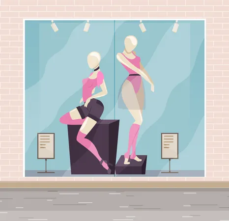 Fashion Lingerie Store Hand Drawn Sketch Interior Design Lingerie Store Showcase In Flat Style Two Mannequins In Stockings And A Bodysuit Stand In The Window Of The Fashion Store For Women Illustration