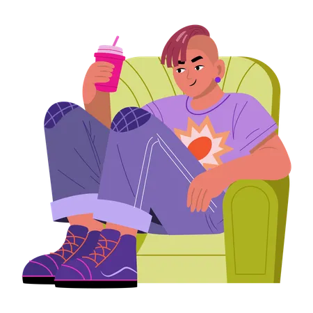 おしゃれな男の子がコーヒーを飲む  イラスト