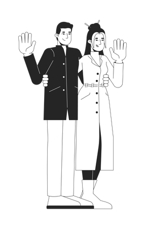 Fashionable couple in winter outerwear waving hands  Illustration