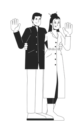 Fashionable couple in winter outerwear waving hands  Illustration