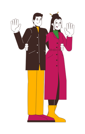 Fashionable couple in winter outerwear waving hands  Illustration