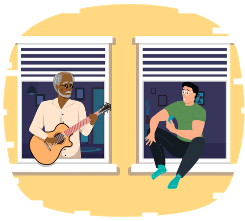 Fashionable elderly man on balcony plays guitar while other man singing  Illustration