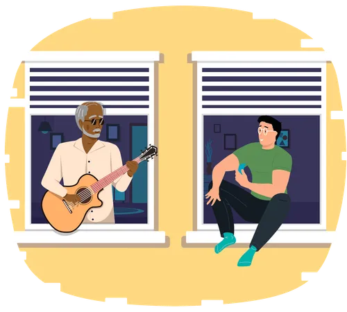 Fashionable elderly man on balcony plays guitar while other man singing  Illustration