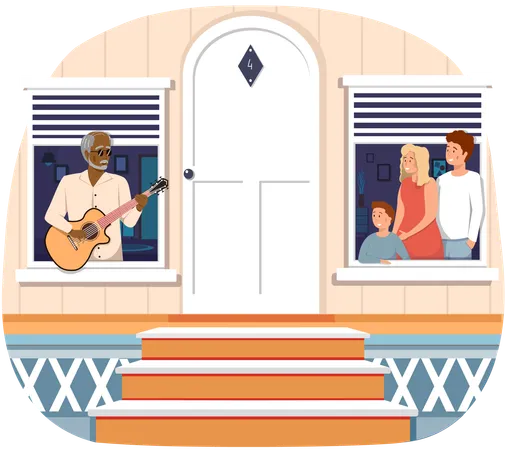 Fashionable elderly man singing to family  Illustration