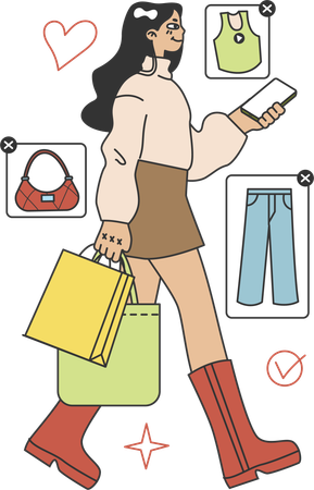 Fashionable girl walking while using mobile  Illustration
