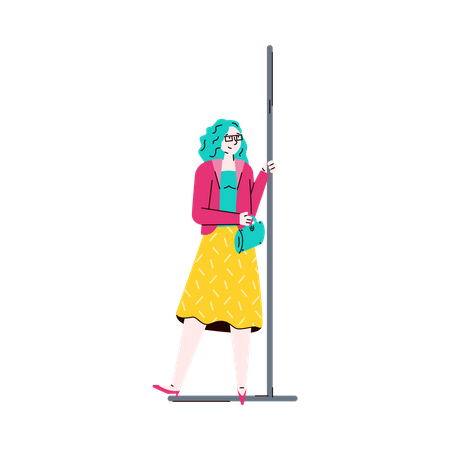 Fashionable woman holding handrails in subway train  Illustration