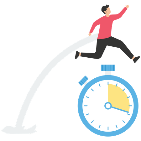 Fast businessman running and jump high over countdown timer clock  Illustration