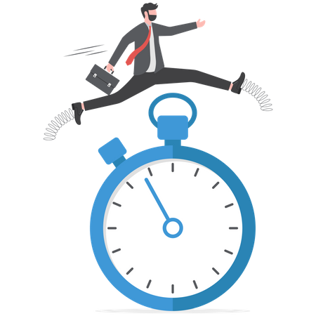 Fast businessman running and jump high over countdown timer clock  Illustration