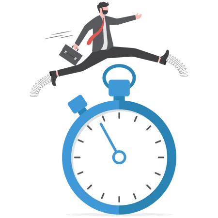 Fast businessman running and jump high over countdown timer clock  Illustration