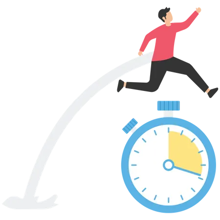 Fast businessman running and jump high over countdown timer clock  Illustration