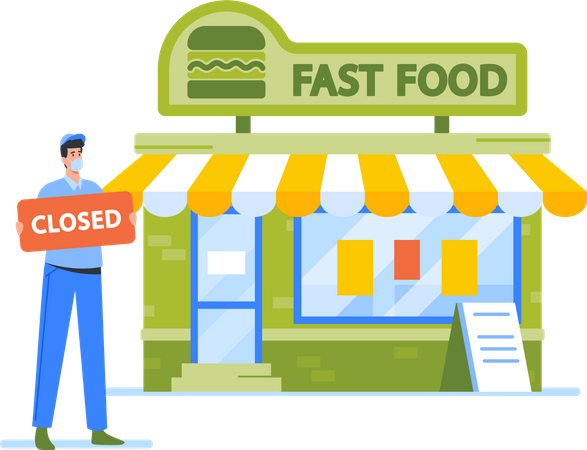 Fast Food Cafe Owner with Closed Sign Illustration