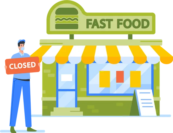 Fast Food Cafe Owner with Closed Sign Illustration
