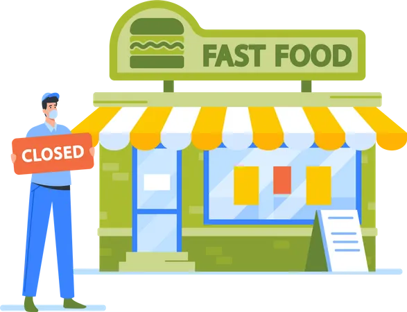 Fast Food Cafe Owner with Closed Sign  Illustration