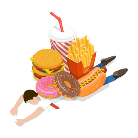 Efeitos Nocivos Do Fast Food Perigo De Junk Food Riscos De Alimentacao Nao Saudavel Ilustracao Conceitual De Vetor Plano Isometrico 3 D Ilustração