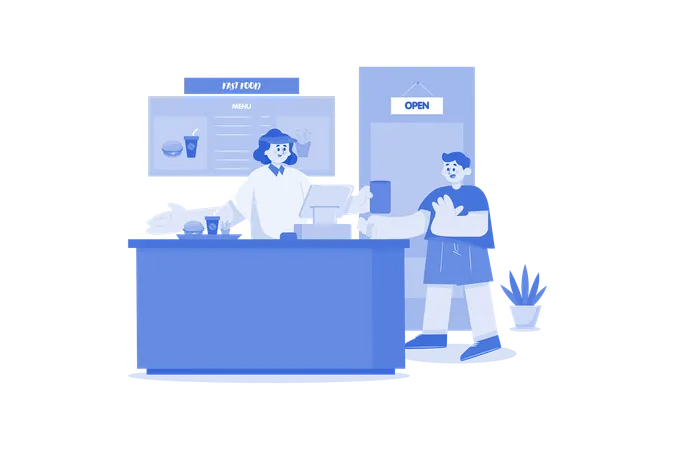 Fast food seller and buyer on restaurant counter  Illustration