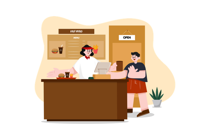 Fast food seller and buyer on restaurant counter  Illustration