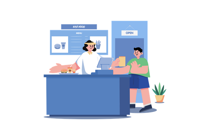 Fast food seller and buyer on restaurant counter  Illustration