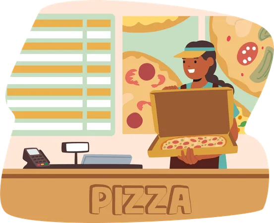 Fast Food Worker Holding Open Pizza Box At Counter. Scene Features A Cash Register, Smiling Employee  Illustration