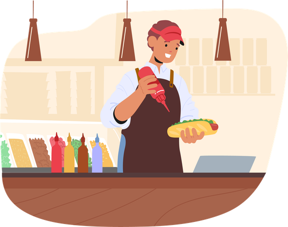 Fast Food Worker Preparing Hot Dog Behind Counter  Illustration