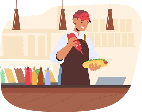 Fast Food Worker Preparing Hot Dog Behind Counter  Illustration