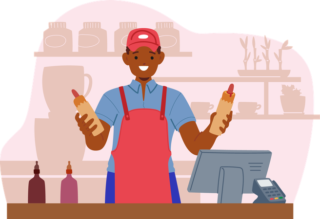 Fast Food Worker Wearing Red Apron And Holding Sauce Bottles  Illustration