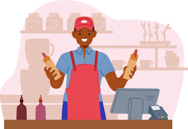 Fast Food Worker Wearing Red Apron And Holding Sauce Bottles  Illustration