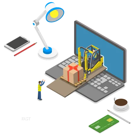 Fast Gift Delivery Flat Isometric Vector Illustration Workers Deliver Ordered Gift Using Forklift Just From Laptop Screen Illustration