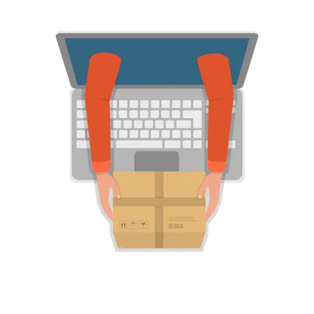 Fast Goods Delivery Vector Illustration Hands Of Delivery Man With Parcel Appeared From Laptop Illustration