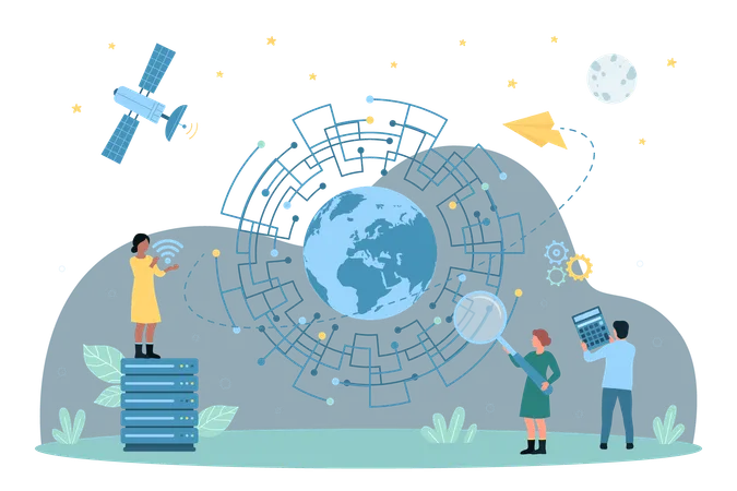 Cartoon Tiny People Test Speed Of Signal With Magnifying Glass Holding Wireless Sign Circle Circuit And Globe Of Earth Inside Fast Internet Connection Communication Technology Vector Illustration Illustration