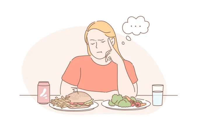 Diet Weight Loss Choice Fast Or Vegan Food Concept Young Thoughtful Woman Cant Choose Between Fast Or Vegetarian Food Fat Girl Is Thinking About Junk And Healthy Food Simple Flat Vector Illustration
