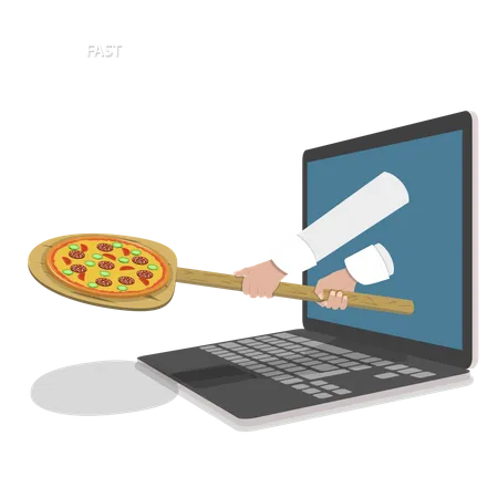 Fast Pizza Delivery Vector Illustration Hands Of Chef With Peel And Pizza Appeared From Laptop Illustration