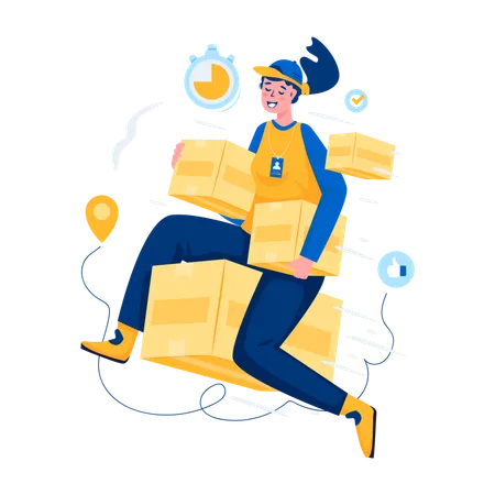 A Female Courier Flies With A Package Box Illustration Illustration