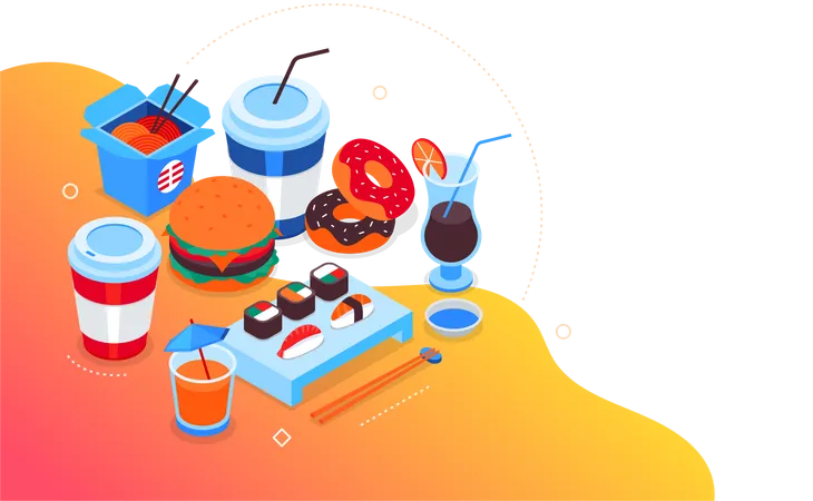 Food Delivery Modern Colorful Isometric Web Banner With Copy Space For Text An Illustration With Snacks Sushi And Wok Hamburger Donuts And Drinks Online Ordering Cafe Or Restaurant Menu Themes 일러스트레이션