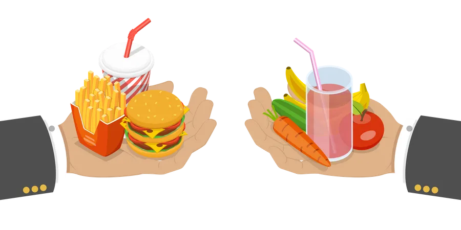 Fastfood vs ausgewogene Ernährung  Illustration
