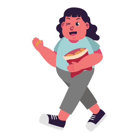 Fat female Walking and Snacking  Illustration