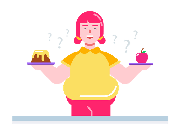 Fat girl is confused either to eat apple or cake  Illustration