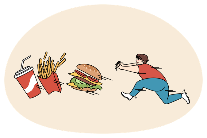 ファストフードを追いかける太った男  イラスト