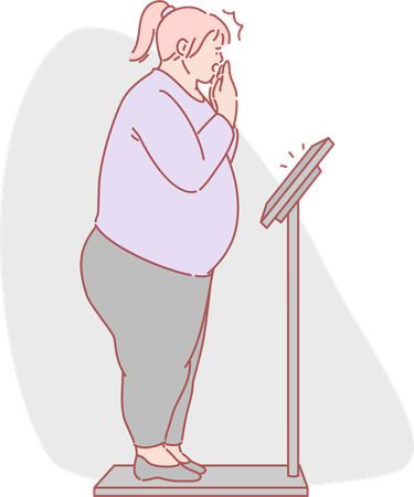 Fat lady checking weight on weight scale  Illustration