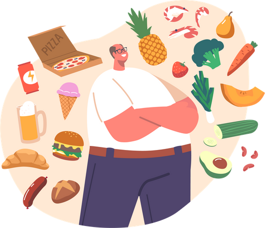 Fat man choose between healthy or unhealthy food  Illustration