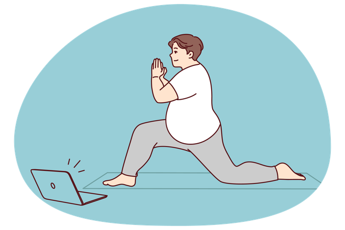 Fat man doing sport with online lesson  Illustration