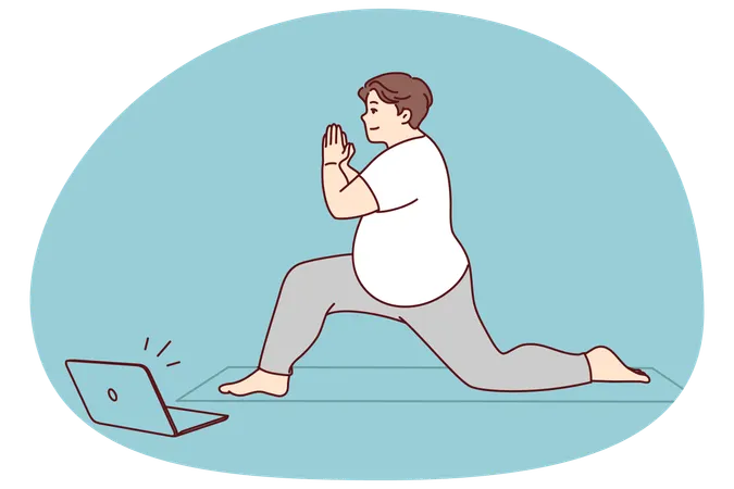 Fat man doing sport with online lesson  Illustration