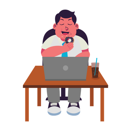Fat man Eating While Working  Illustration