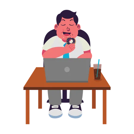 Fat man Eating While Working  Illustration